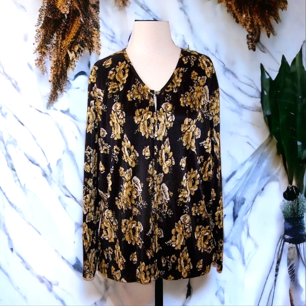 Ninety Women's Black & Gold Ribbed Long Sleeve Floral Topper Cardigan Size 2X